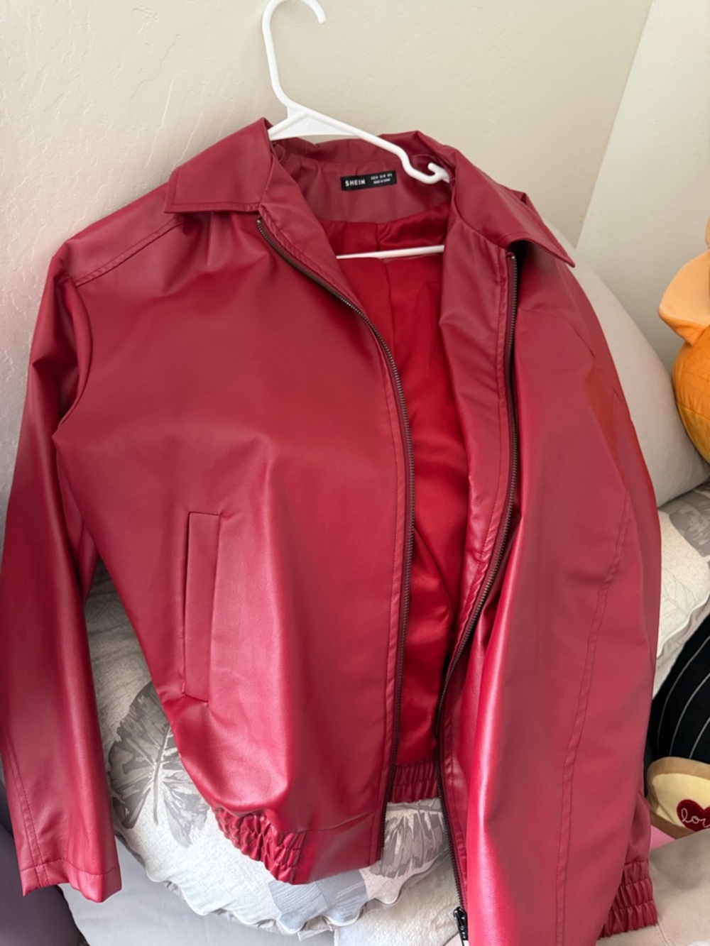 SHEIN Burgundy Faux Leather Bomber Jacket